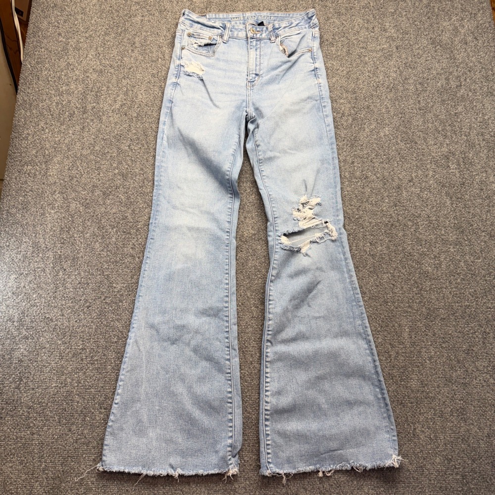 American Eagle Next Level Stretch Flare Jeans Light Wash Distressed 8 Long